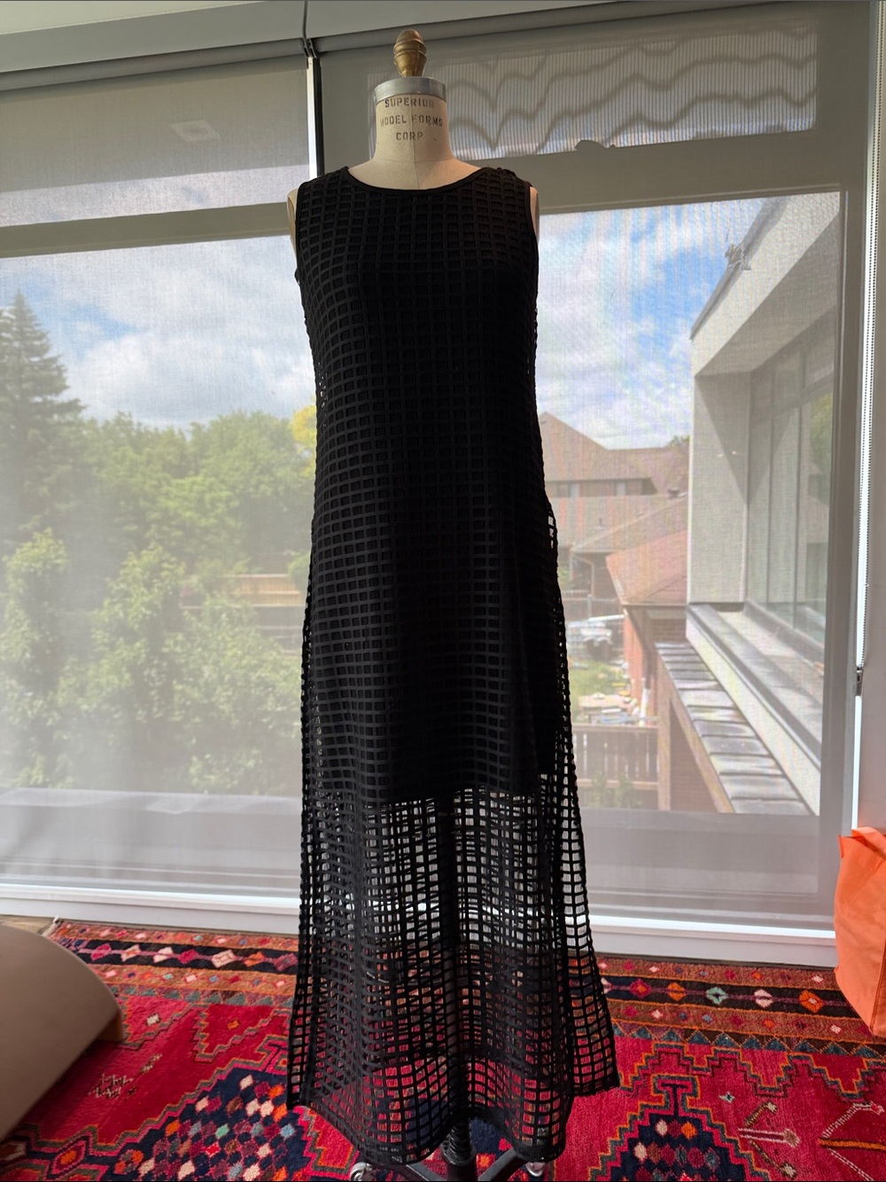 Emma & Michele Black Sleeveless Maxi with Grid Mesh Overlay